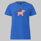 Women’s royal blue t-shirt featuring a bold American flag star — for those who celebrate with purpose.