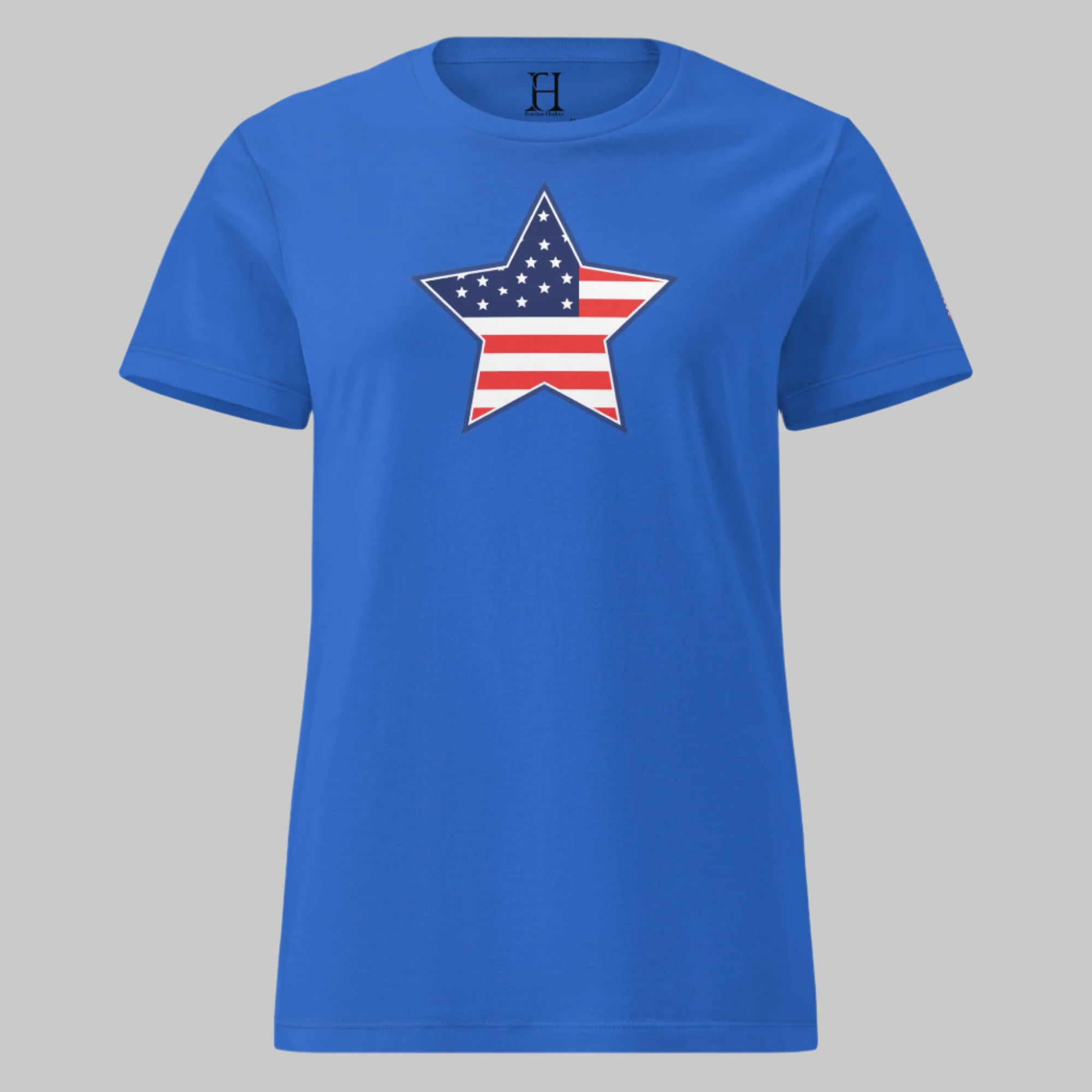 Women’s royal blue t-shirt featuring a bold American flag star — for those who celebrate with purpose.