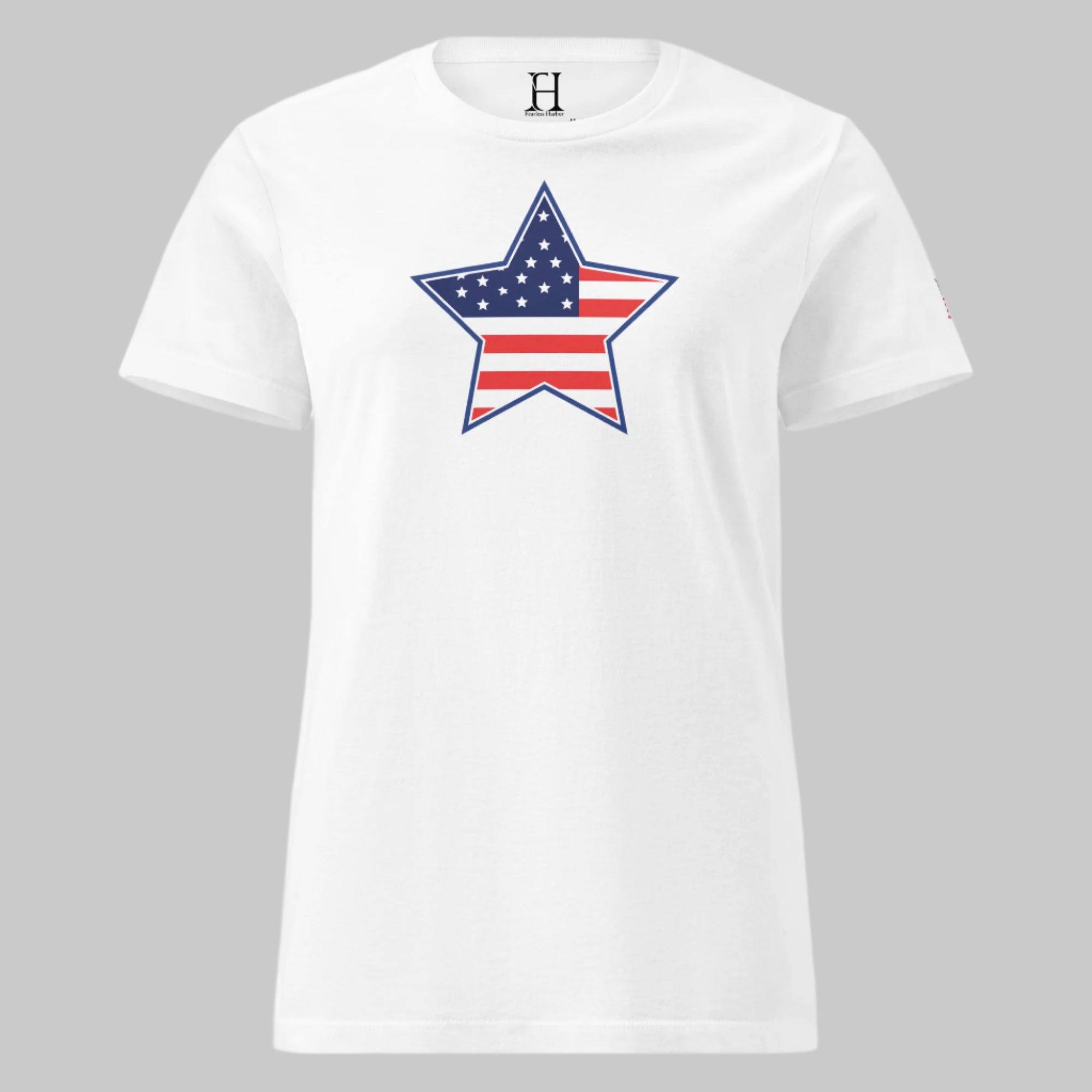 White women’s t-shirt featuring an American flag star — classic style, modern freedom.