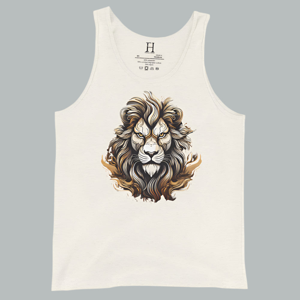 Oatmeal triblend women’s tank featuring a lion head emblem of fierce determination.