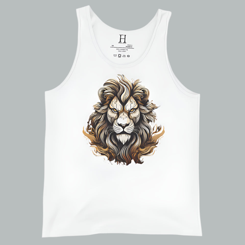 White women’s tank showcasing a bold lion head, for those who lead with strength.