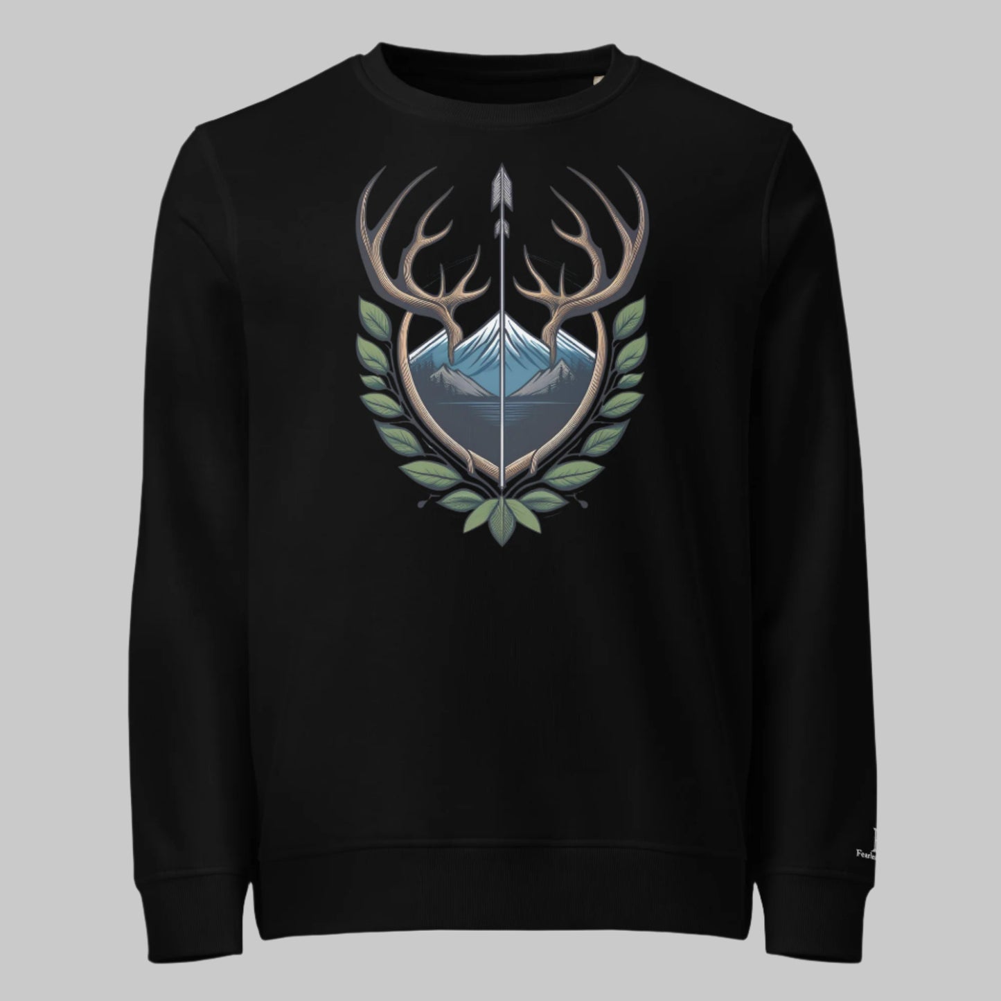 Front of Antler Crest Organic Pullover Sweatshirt in Black with Buck Deer Antler Crest design.