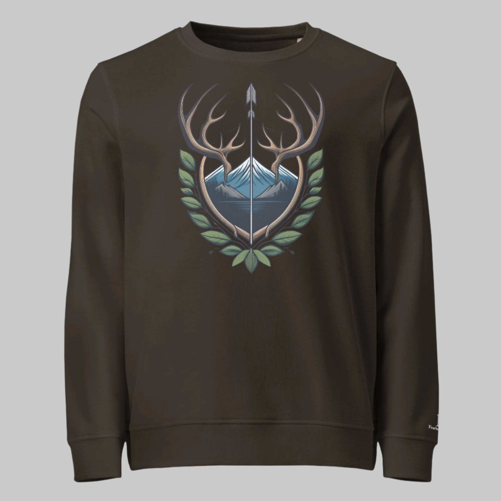 Front of Antler Crest Organic Pullover Sweatshirt in Deep Charcoal Grey with Buck Deer Antler Crest design.