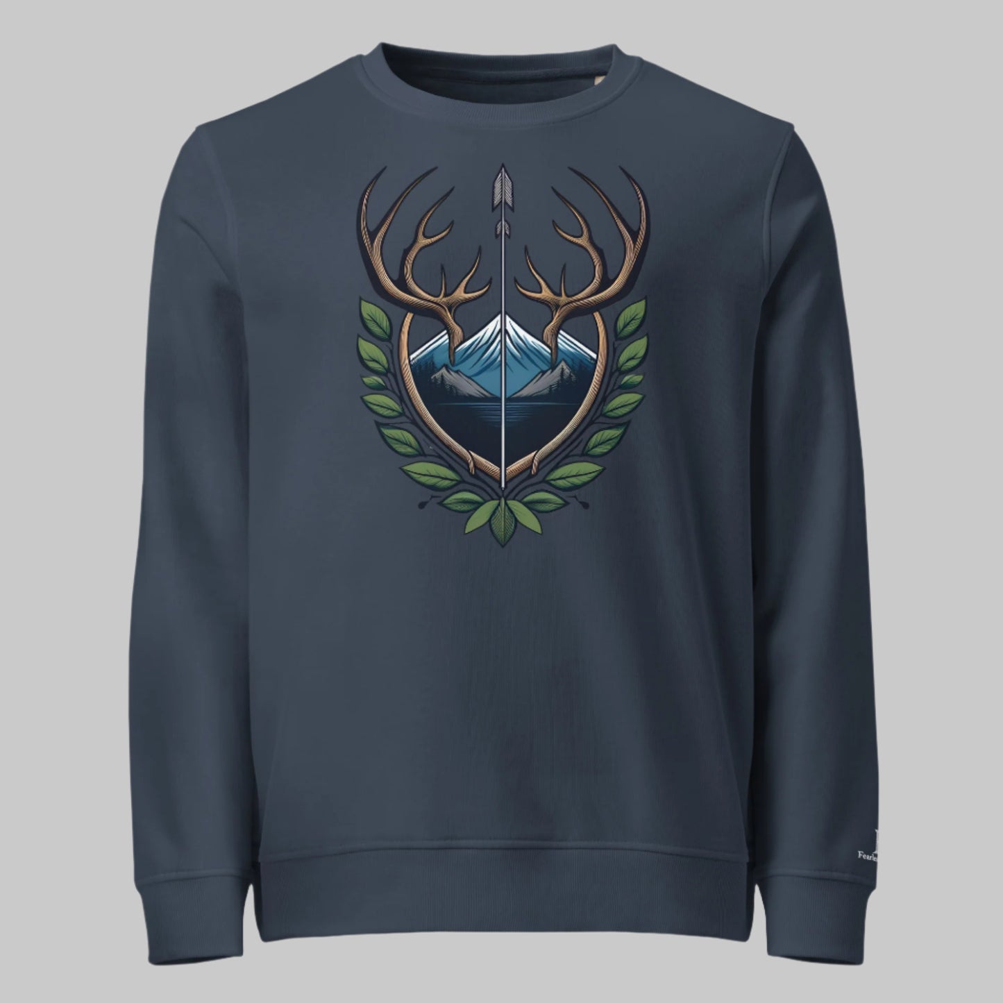 Front of Antler Crest Organic Pullover Sweatshirt in French Navy with Buck Deer Antler Crest design.