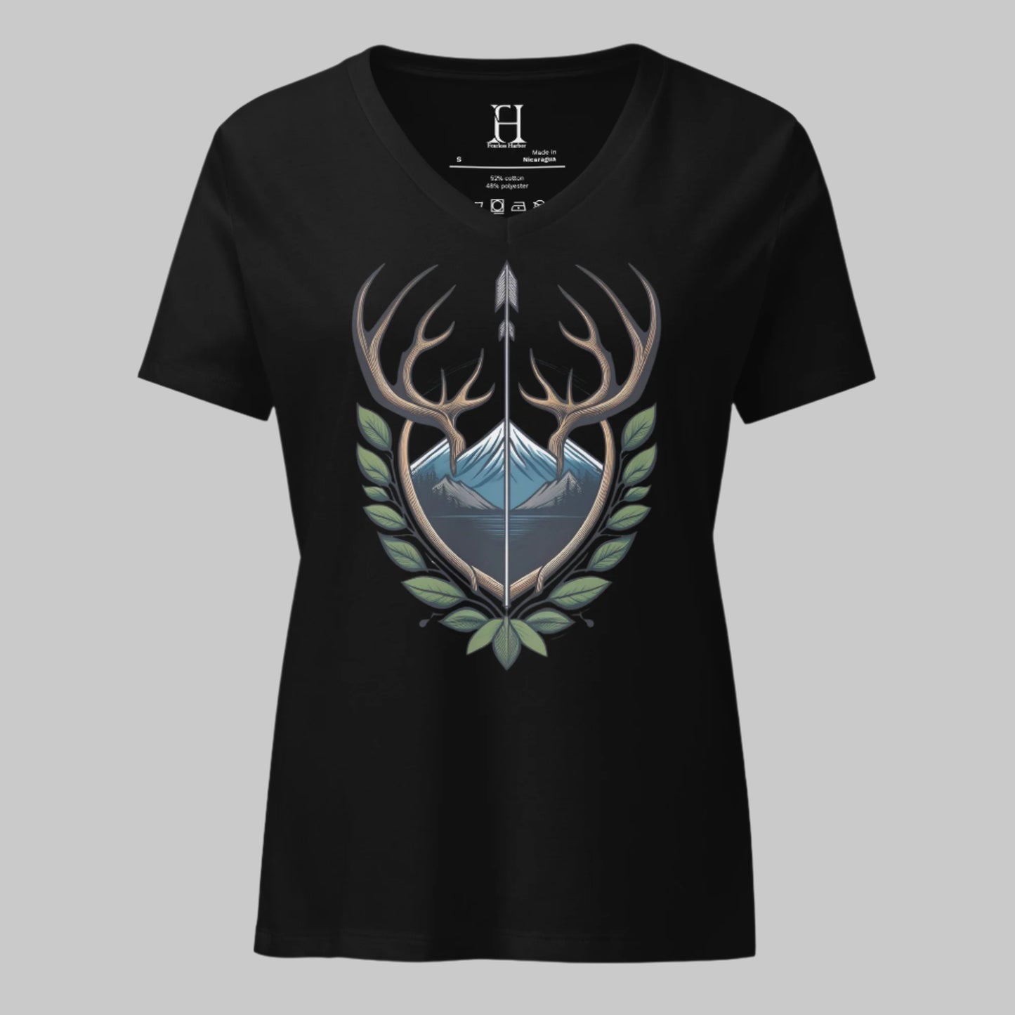 Front of V-Neck T-Shirt in Black with Antler Crest design.