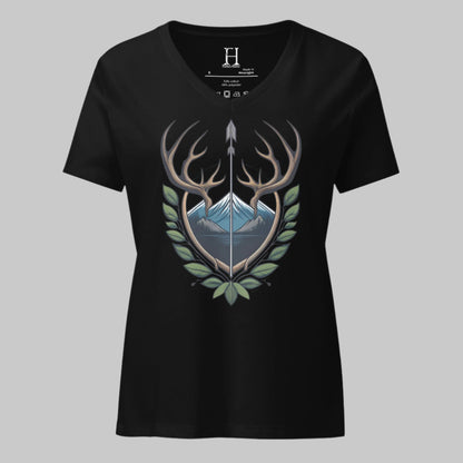 Front of V-Neck T-Shirt in Black with Antler Crest design.