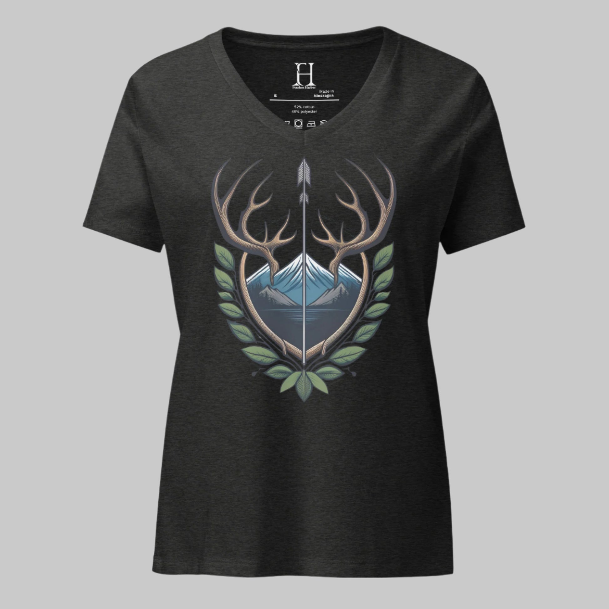 Front of V-Neck T-Shirt in Dark Grey with Antler Crest design.