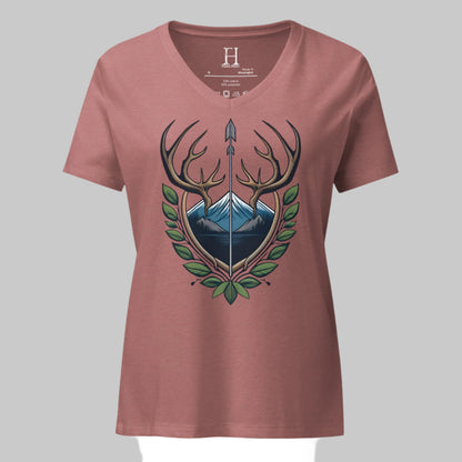 Front of V-Neck T-Shirt in Mauve with Antler Crest design.