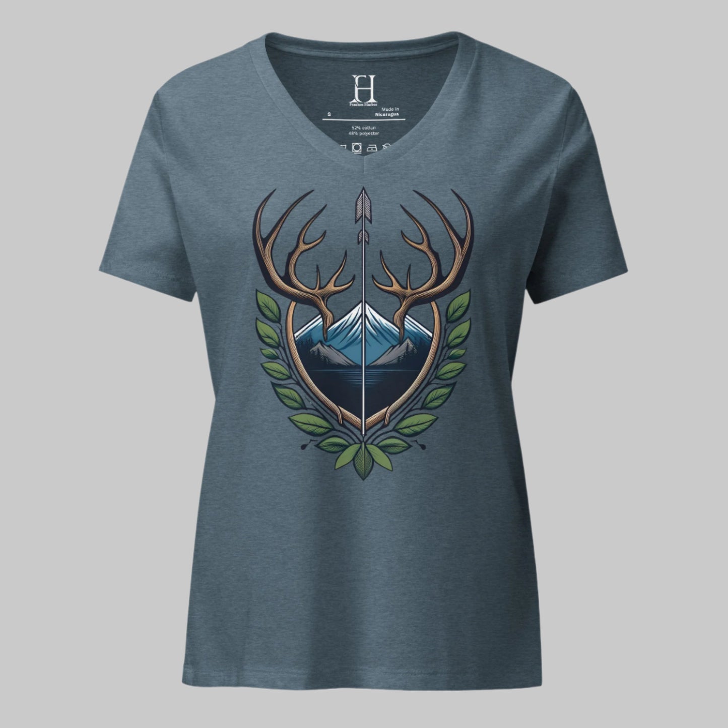 Front of V-Neck T-Shirt in Heather Slate with Antler Crest design.