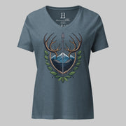 Front of V-Neck T-Shirt in Heather Slate with Antler Crest design.