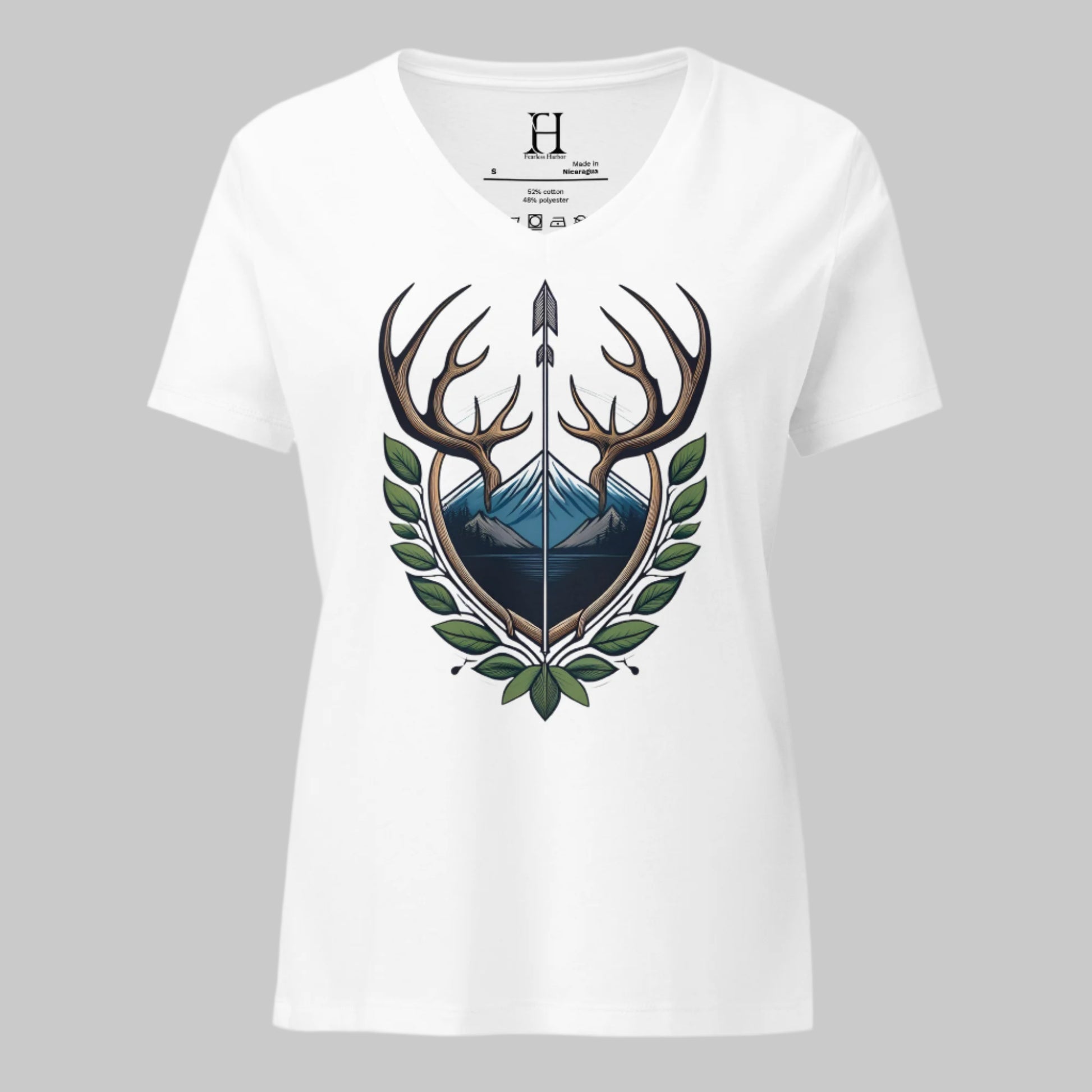 Front of V-Neck T-Shirt in White with Antler Crest design.