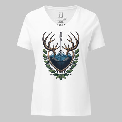 Front of V-Neck T-Shirt in White with Antler Crest design.