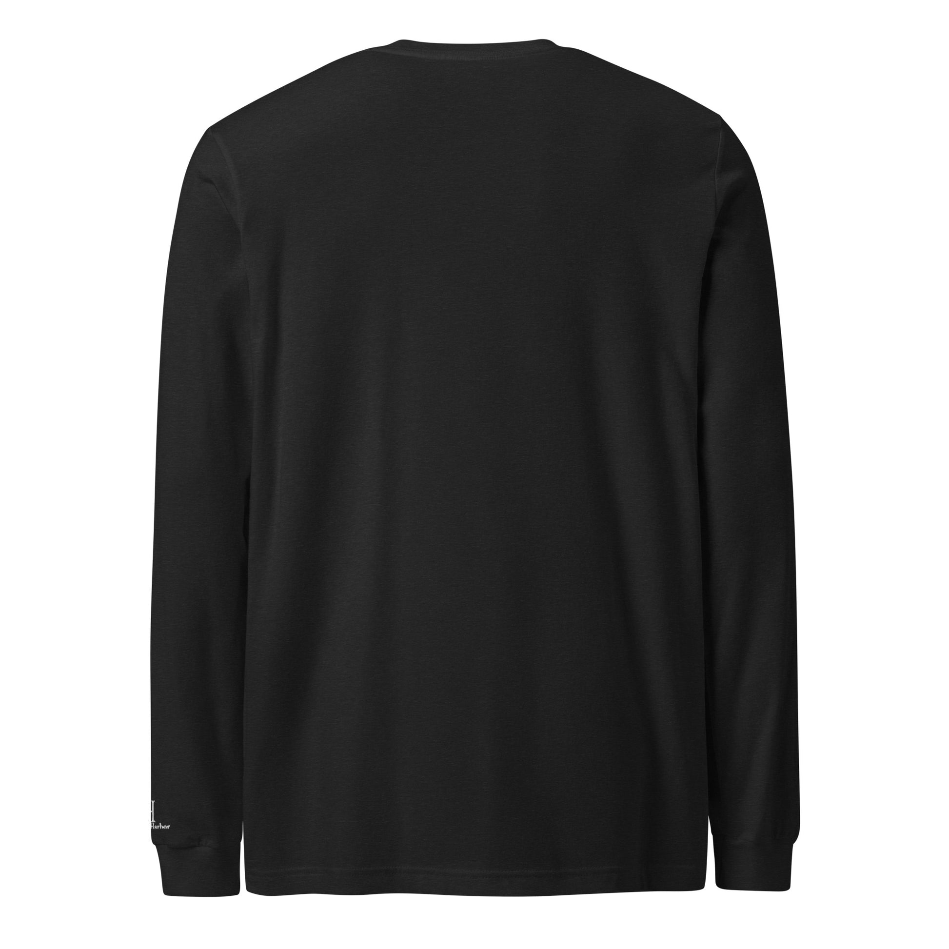 Back of Autumn Pumpkin Patch Long Sleeve T-Shirt in Black, blank with no graphics or text.