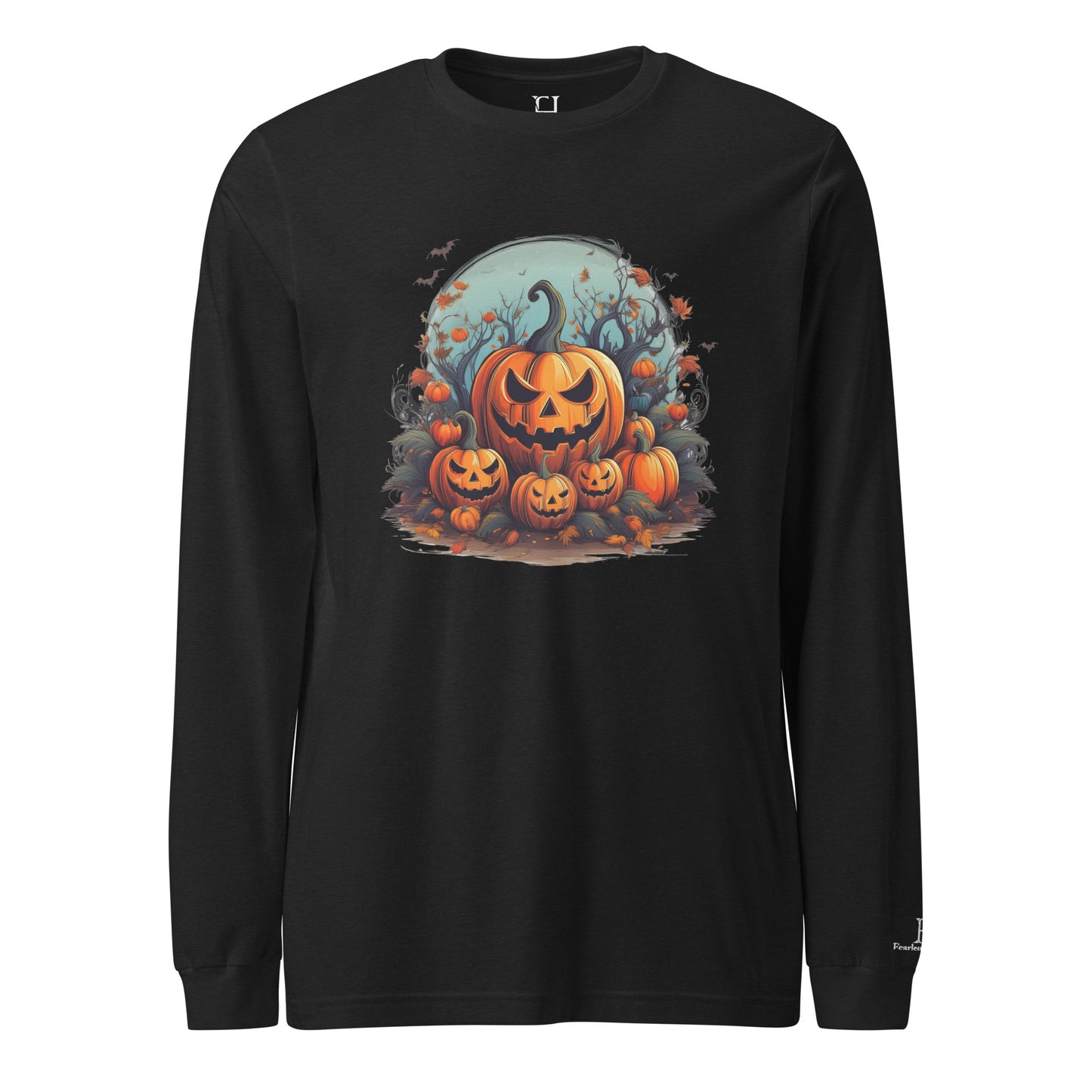 Front of Autumn Pumpkin Patch Sleeve T-Shirt in Black with Jack o lantern pumpkin patch design.