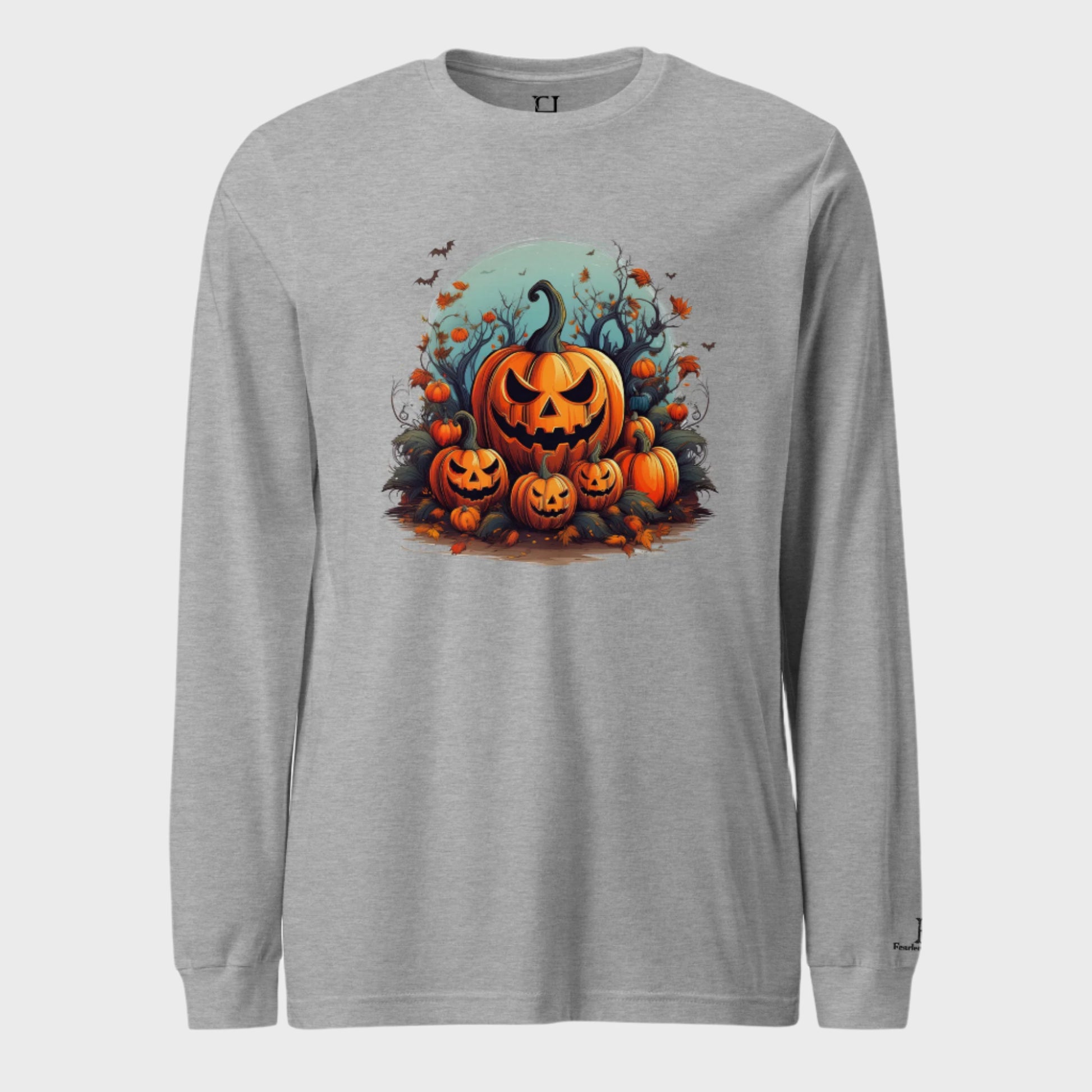 Front of Autumn Pumpkin Patch Sleeve T-Shirt in Grey with Jack o lantern pumpkin patch design.