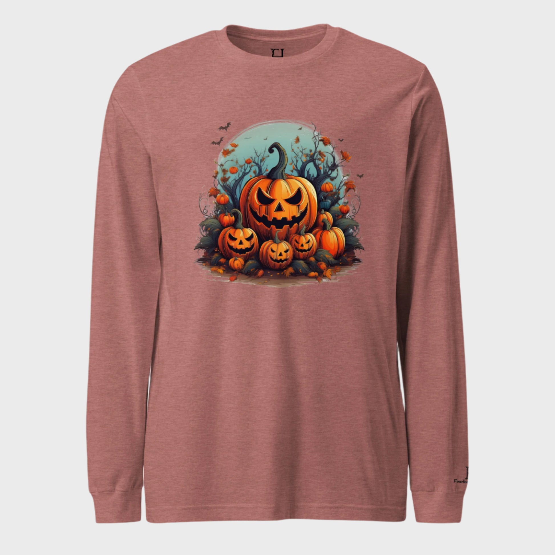 Front of Autumn Pumpkin Patch Sleeve T-Shirt in Heather Mauve with Jack o lantern pumpkin patch design.