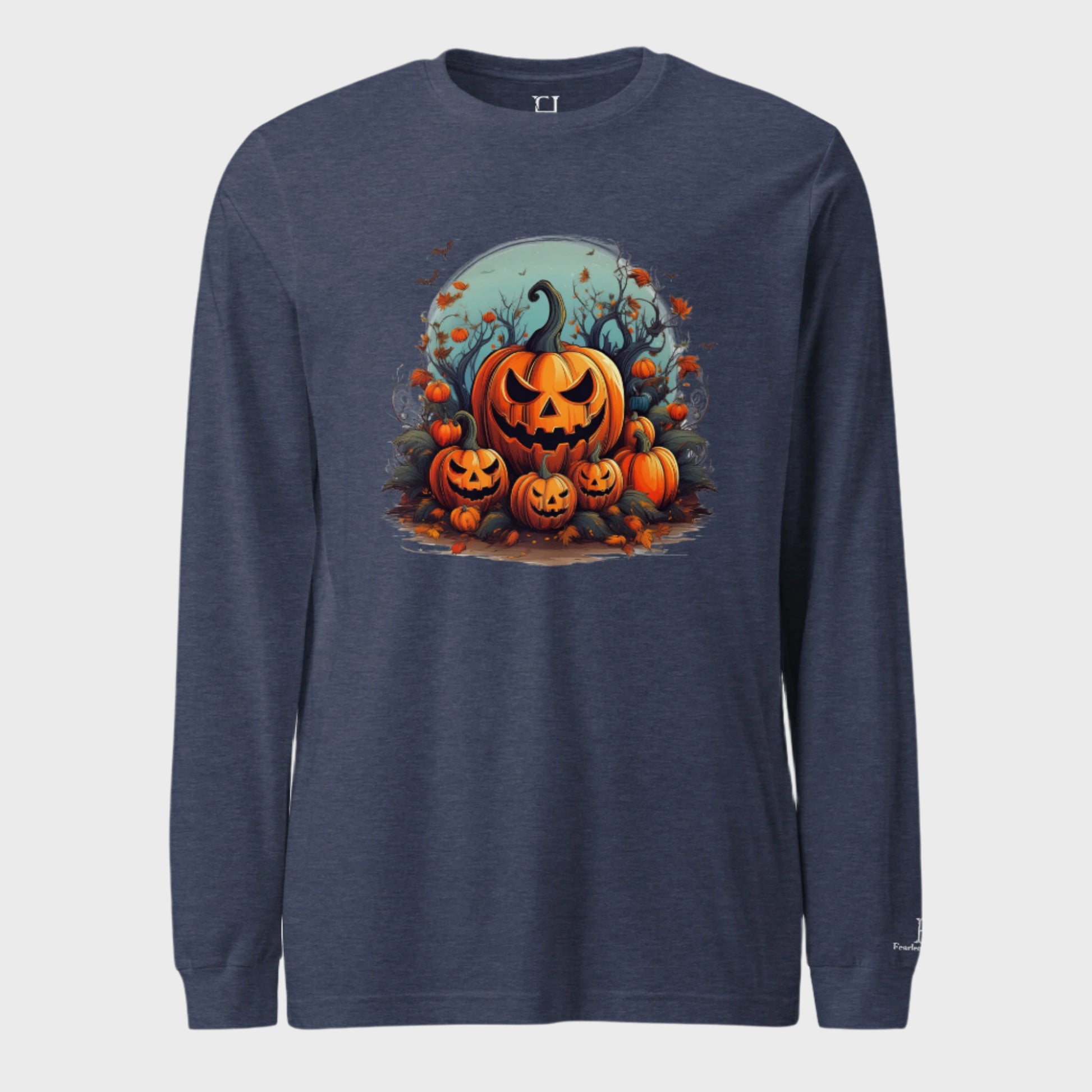 Front of Autumn Pumpkin Patch Sleeve T-Shirt in Heather Navy with Jack o lantern pumpkin patch design.