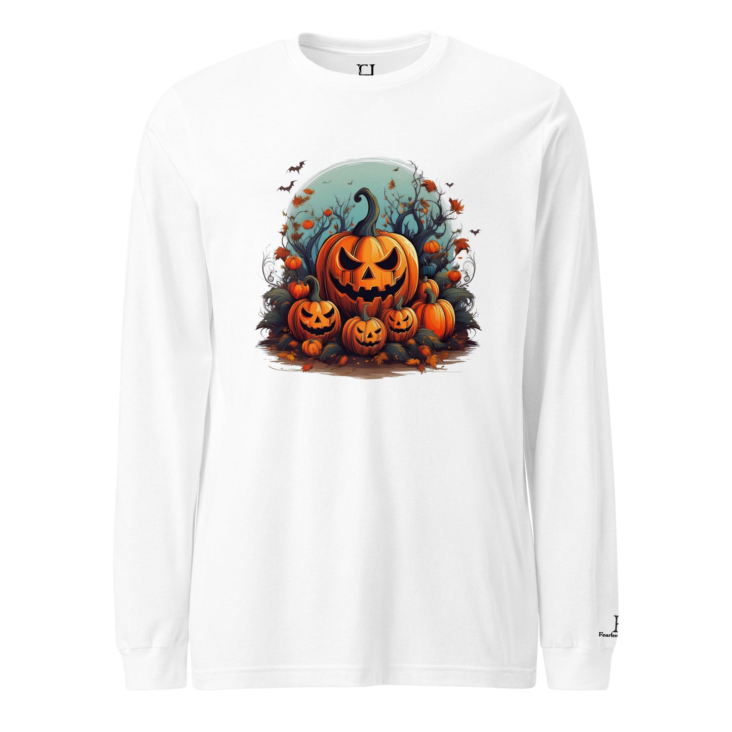 Front of Autumn Pumpkin Patch Sleeve T-Shirt in White with Jack o lantern pumpkin patch design.