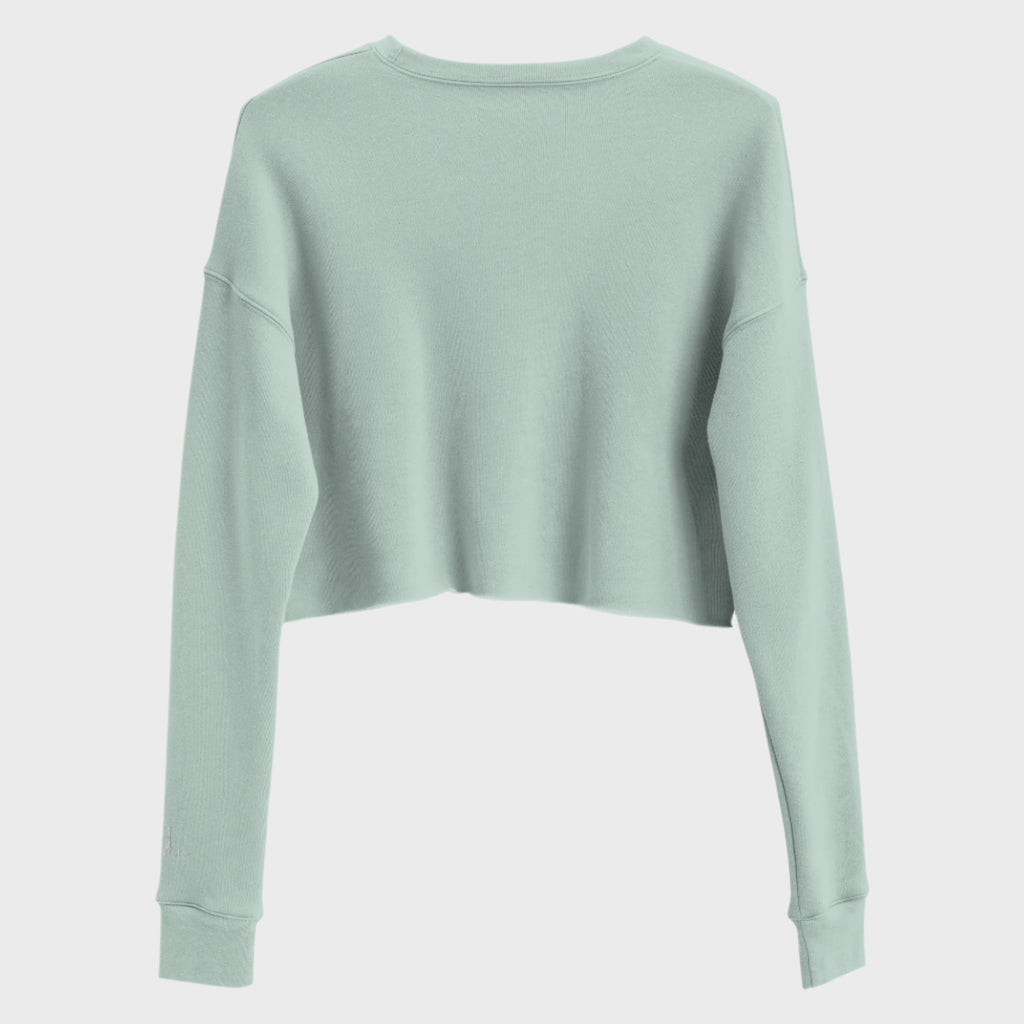 Back of of Autumn Tailgate Fleece Crop Sweatshirt in Dusty Blue, blank with no graphics or text.