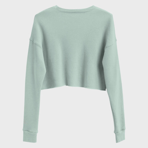 Back of of Autumn Tailgate Fleece Crop Sweatshirt in Dusty Blue, blank with no graphics or text.