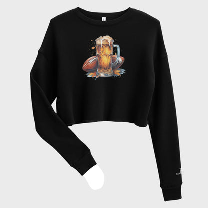 Front of Autumn Tailgate Fleece Crop Sweatshirt in Black with Fall time football and beer design. 