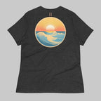 Back of Beach Emblem T-Shirt for Casual Beach Vibes in Dark Grey with an image of an ocean at sunset.