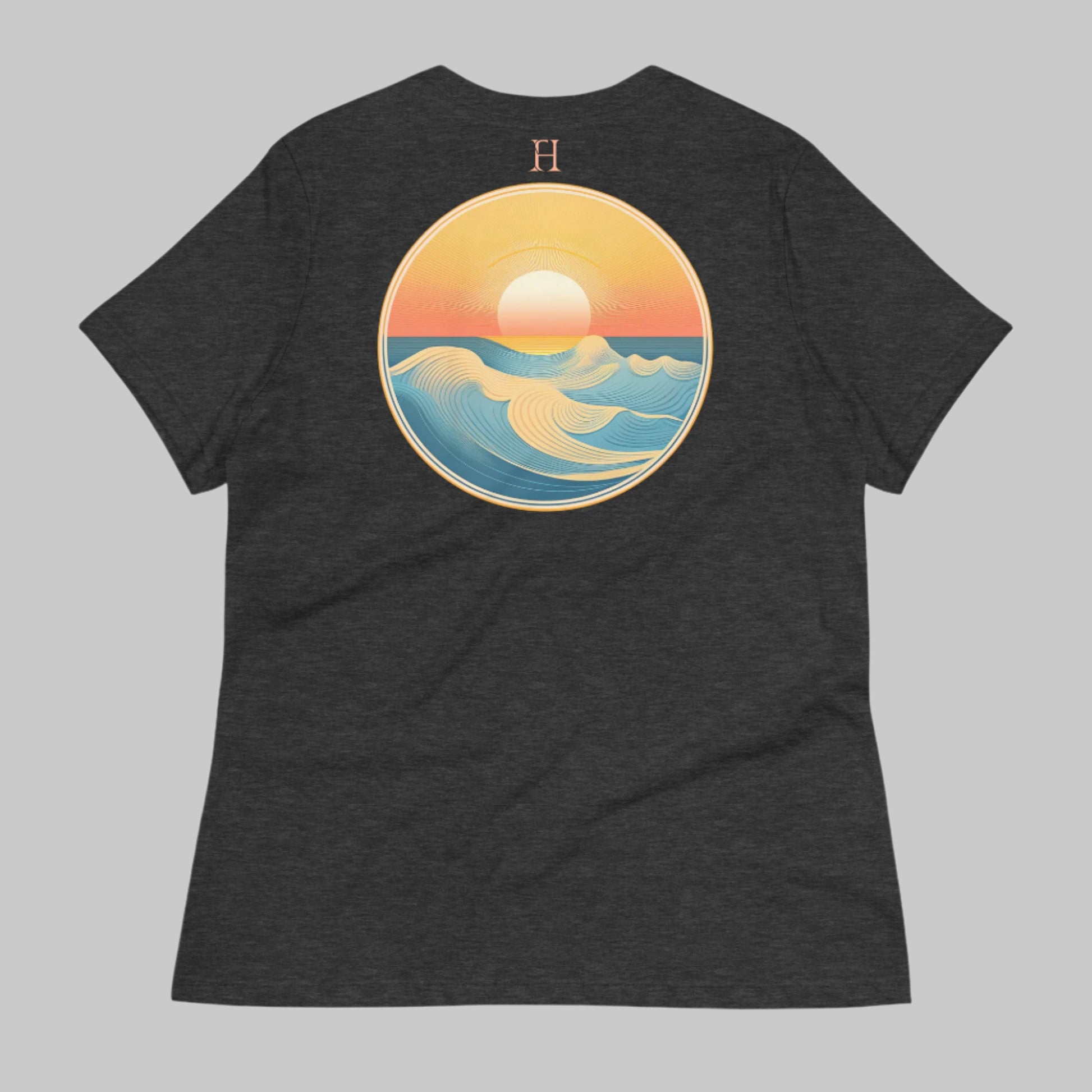 Back of Beach Emblem T-Shirt for Casual Beach Vibes in Dark Grey with an image of an ocean at sunset.