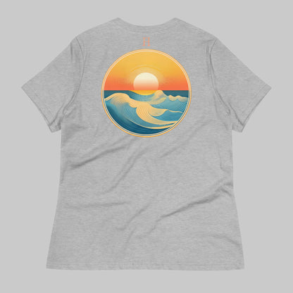 Back of Beach Emblem T-Shirt for Casual Beach Vibes in Grey with an image of an ocean at sunset.