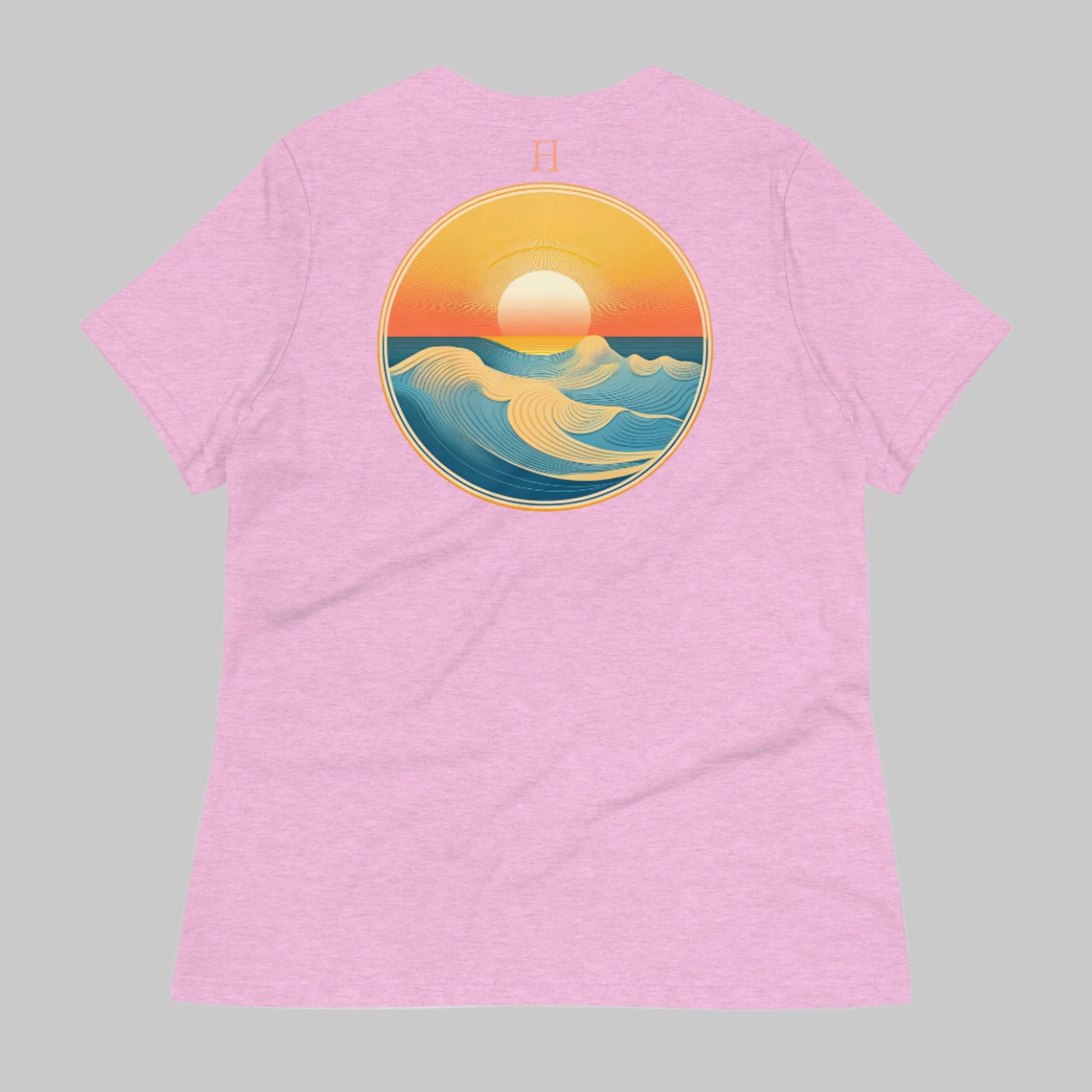 Back of Beach Emblem T-Shirt for Casual Beach Vibes in Lilac with an image of an ocean at sunset.