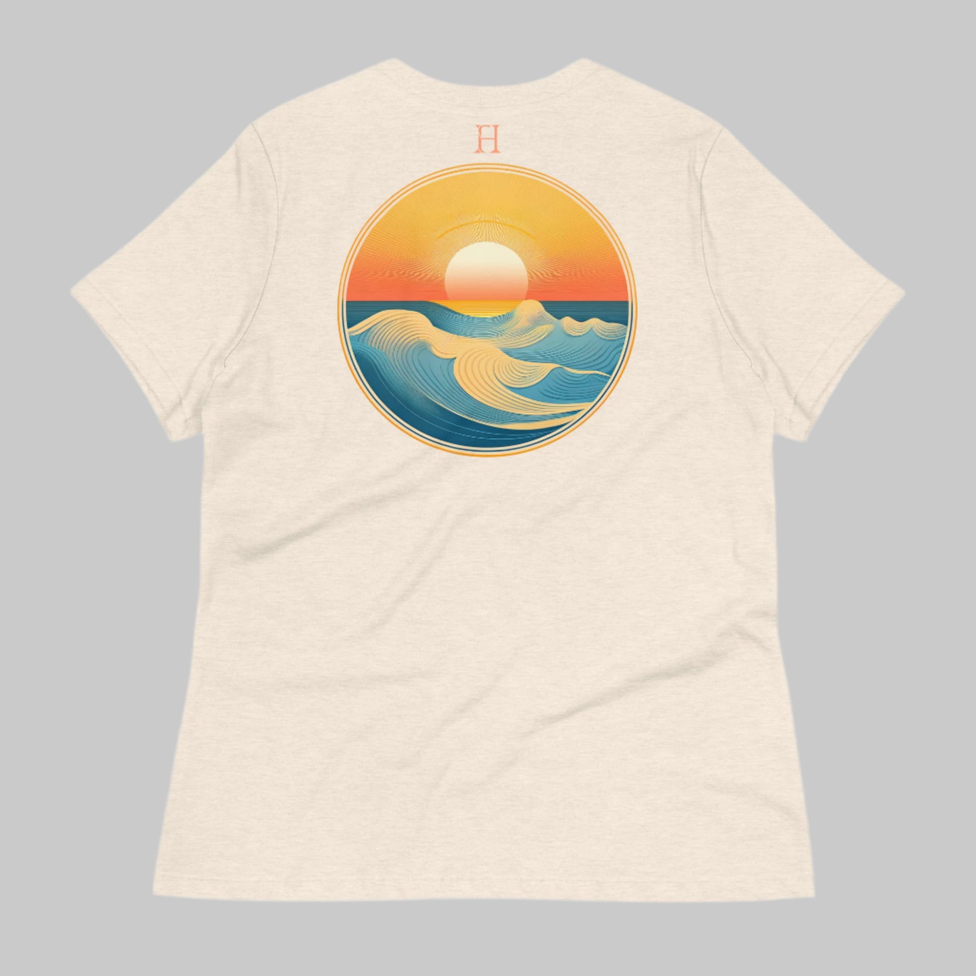 Back of Beach Emblem T-Shirt for Casual Beach Vibes in Natural with an image of an ocean at sunset.