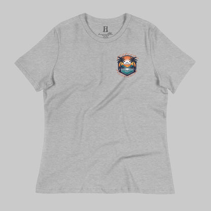 Front of Beach Emblem Relaxed T-Shirt in Grey, with Beach logo on top left and words Fearless Flourishing.