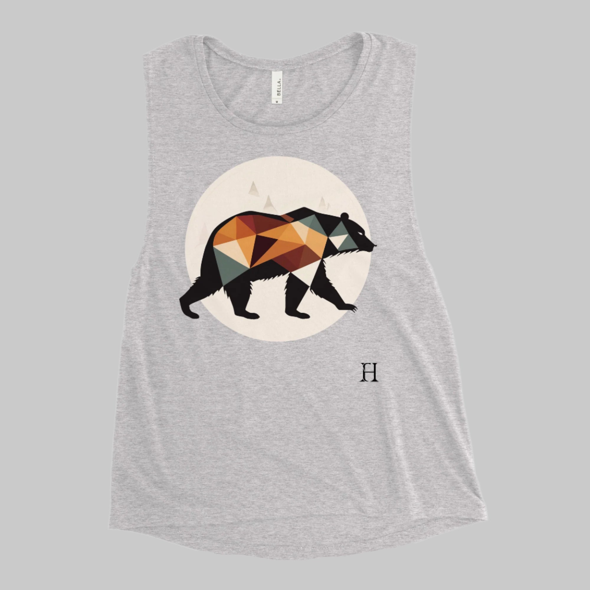 Front of Bear Edition Tank in Athletic Grey, with Silhouette of a Bear Design and the FH logo on lower left in black.