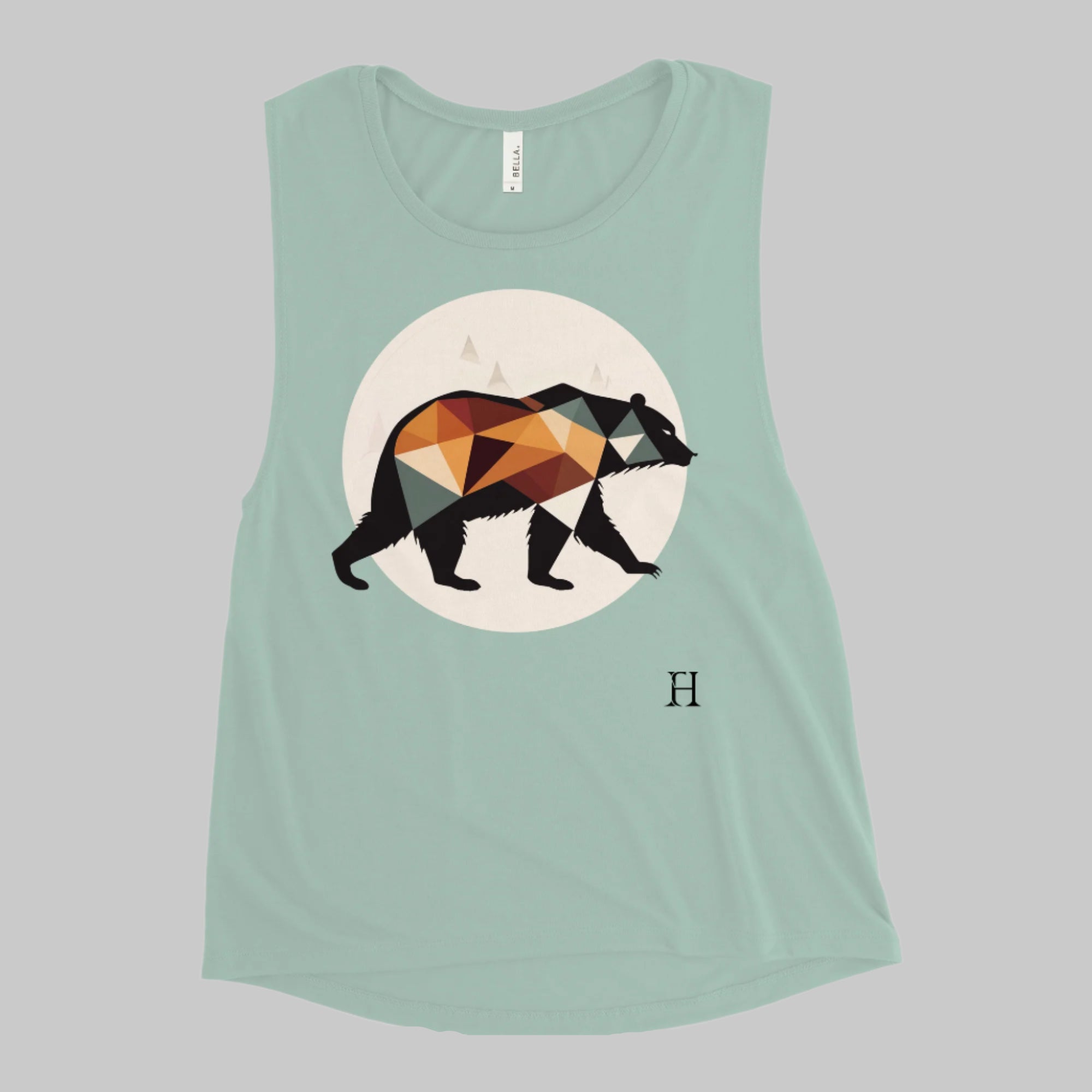 Front of Bear Edition Tank in Dusty Blue, with Silhouette of a Bear Design and the FH logo on lower left in black.