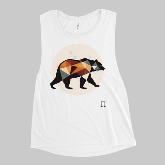 Front of Bear Edition Tank in White, with Silhouette of a Bear Design and the FH logo on lower left in black.