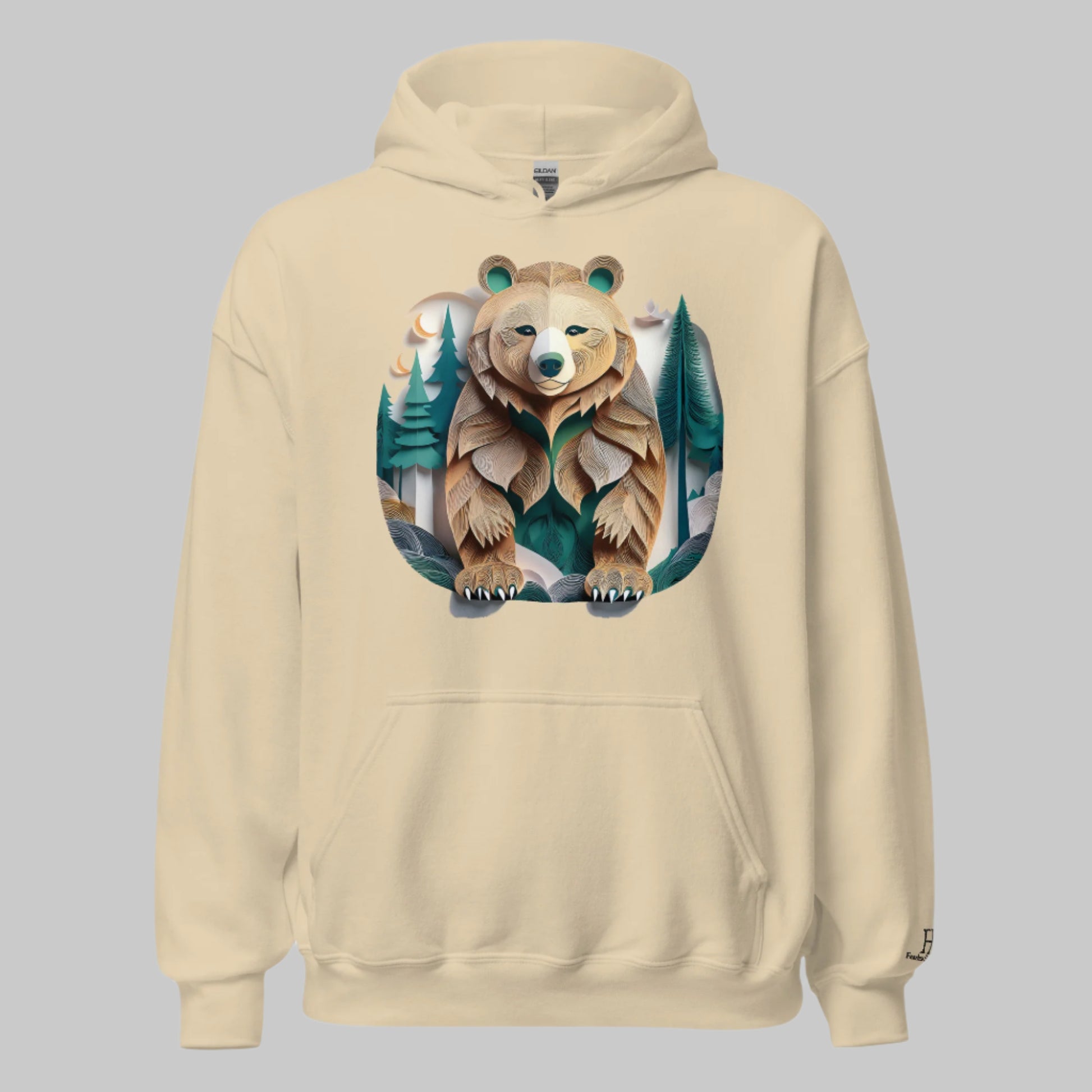 Front of Bear Haven Pullover Hoodie in Sand with Bear standing in trees design.