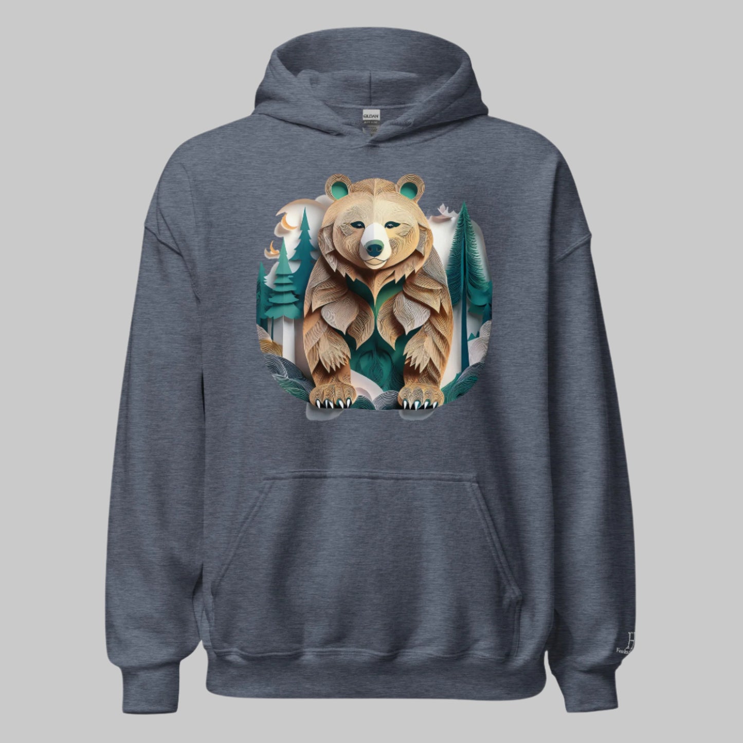 Front of Bear Haven Pullover Hoodie in Sport Dark Navy with Bear standing in trees design.