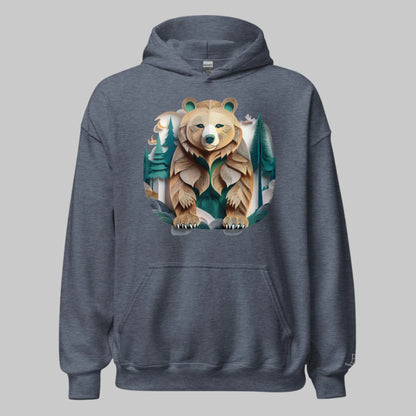 Front of Bear Haven Pullover Hoodie in Sport Dark Navy with Bear standing in trees design.