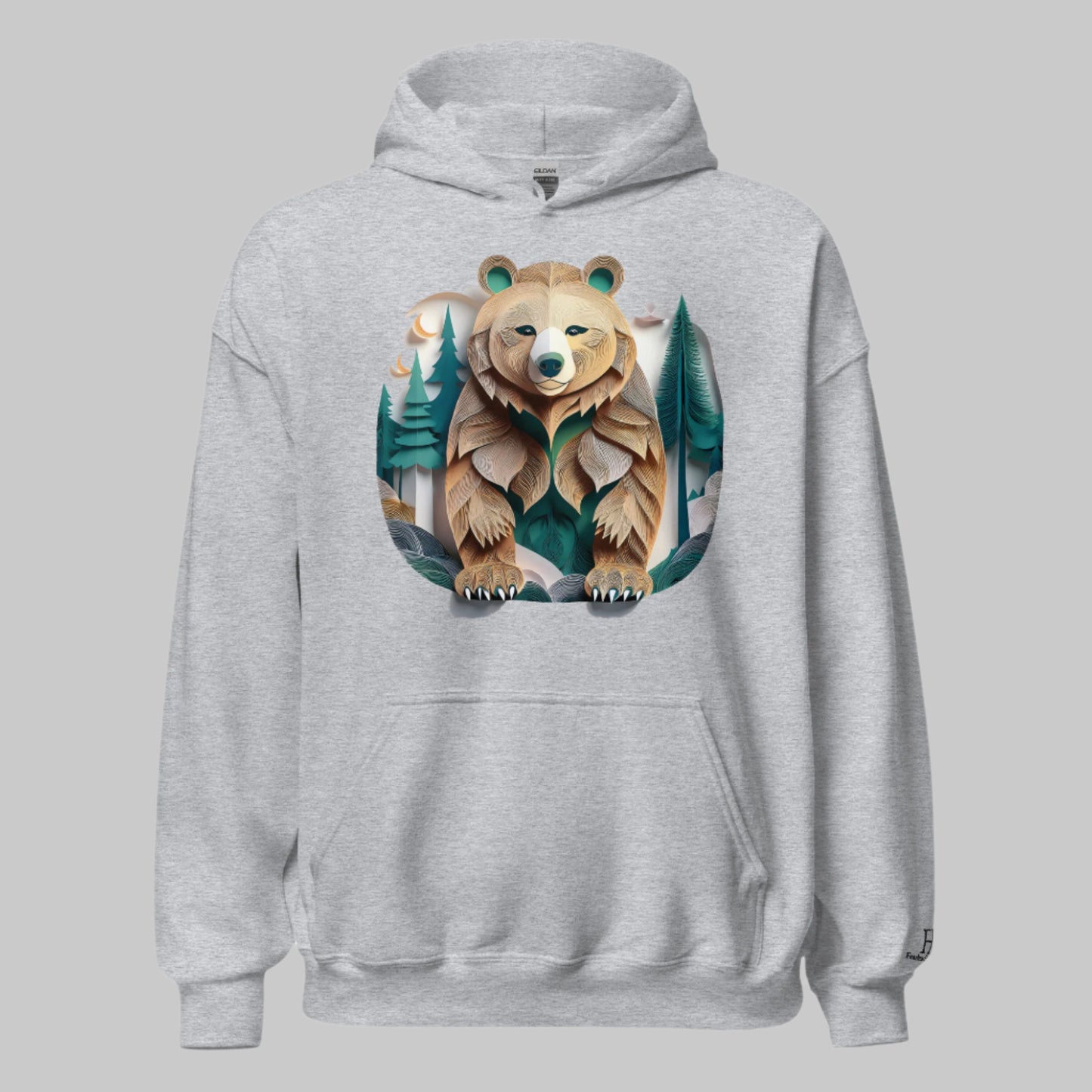 Front of Bear Haven Pullover Hoodie in Sport Grey with Bear standing in trees design.