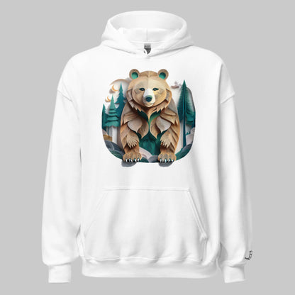 Front of Bear Haven Pullover Hoodie in White with Bear standing in trees design.