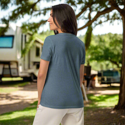 Back of Woman wearing Big Horn Profile V-Neck T-Shirt in Slate, blank with no graphics or text.