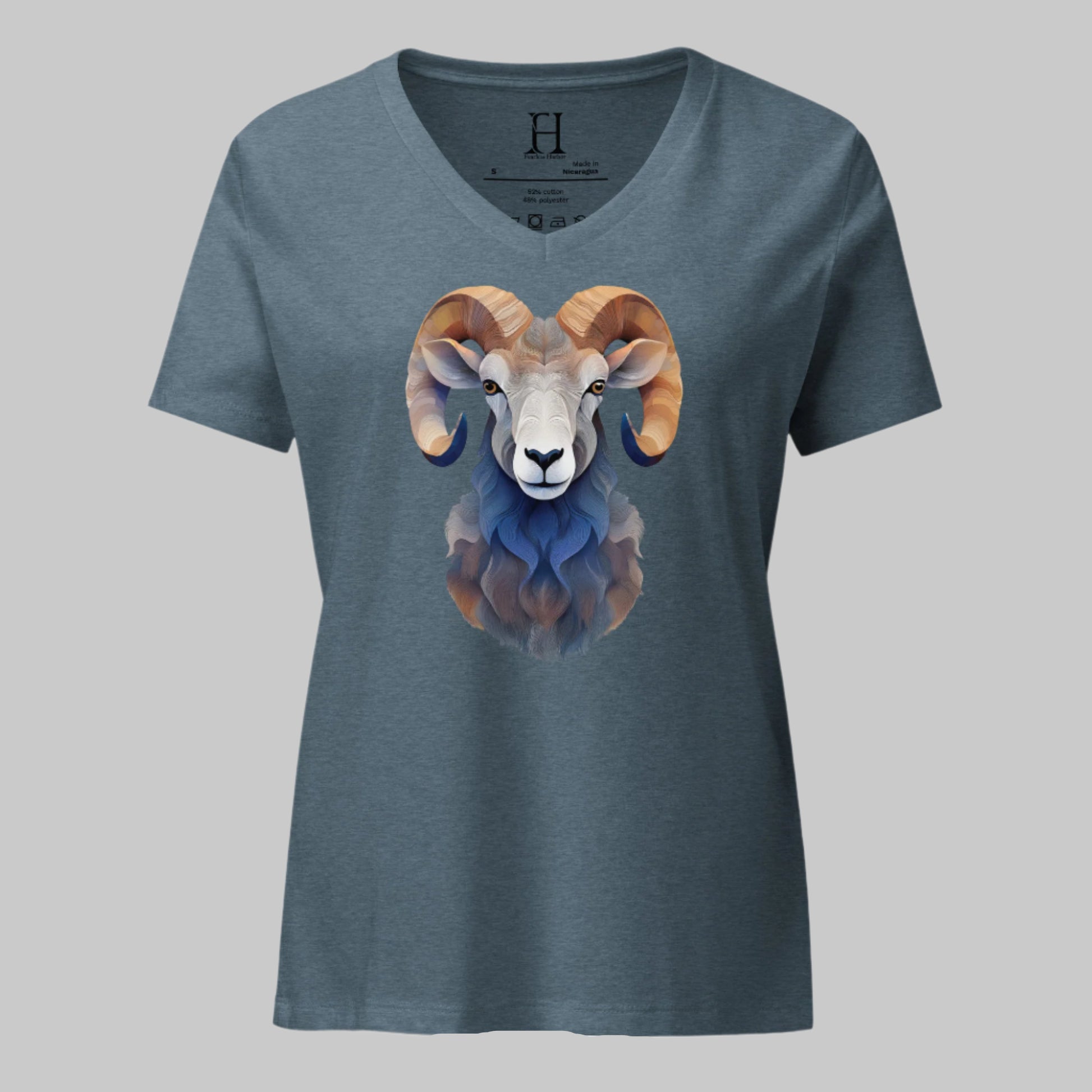 Front of V-Neck T-Shirt in Slate with Big Horn Ram design.