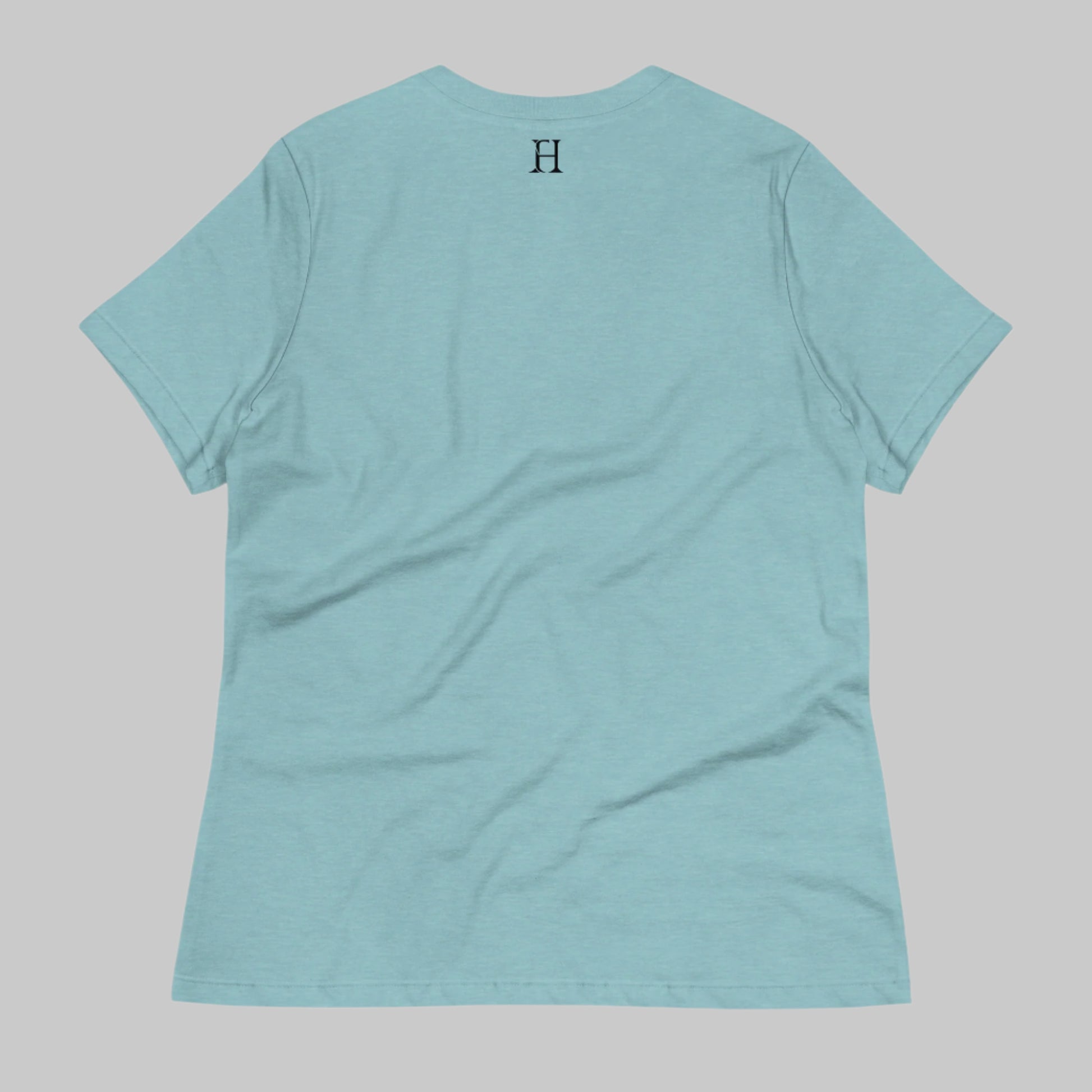 Back of Big Horn T-Shirt in Blue Lagoon, with FH logo in black in center near collar.