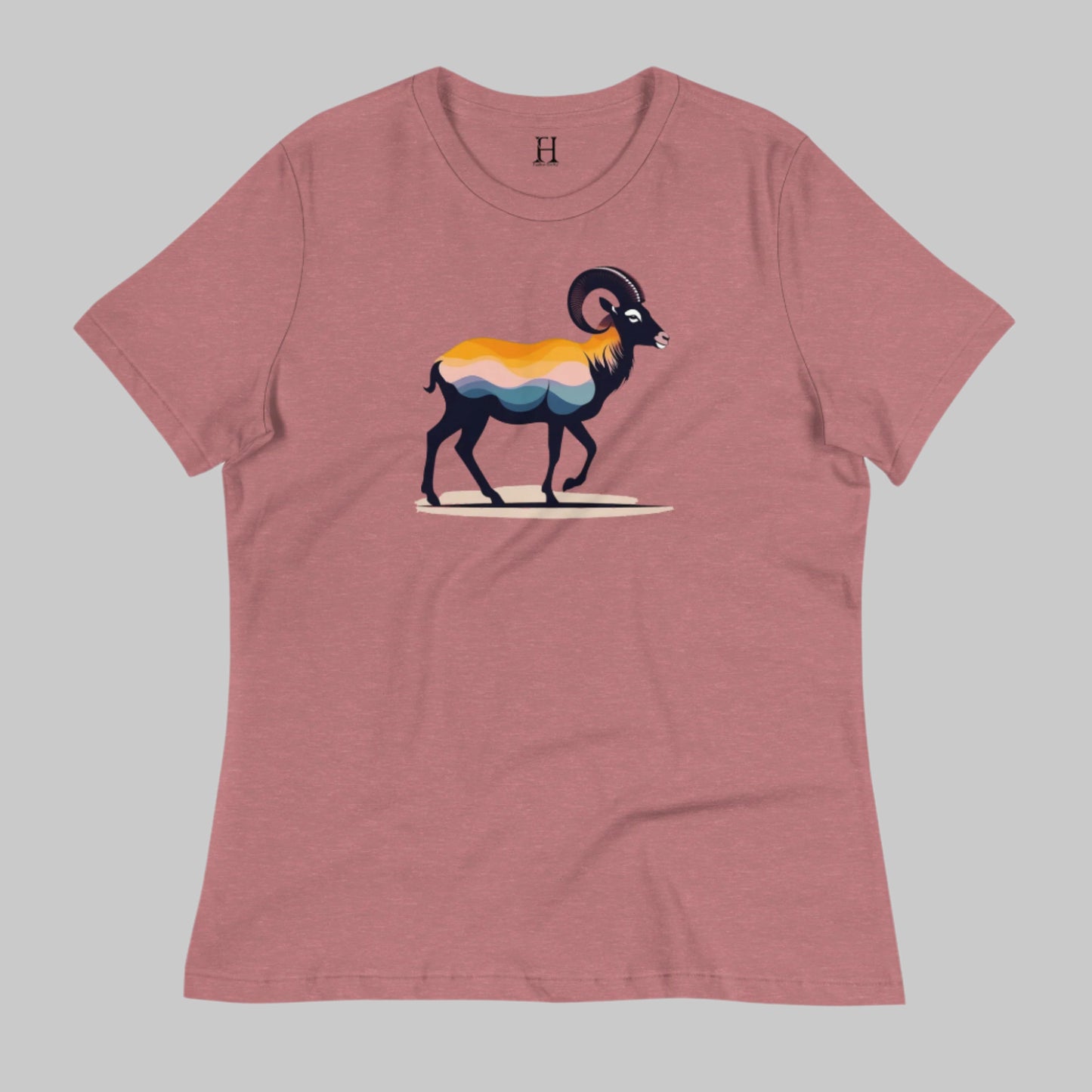 Front of Big Horn T-Shirt in Mauve with a Bighorn Sheep Silhouette design.