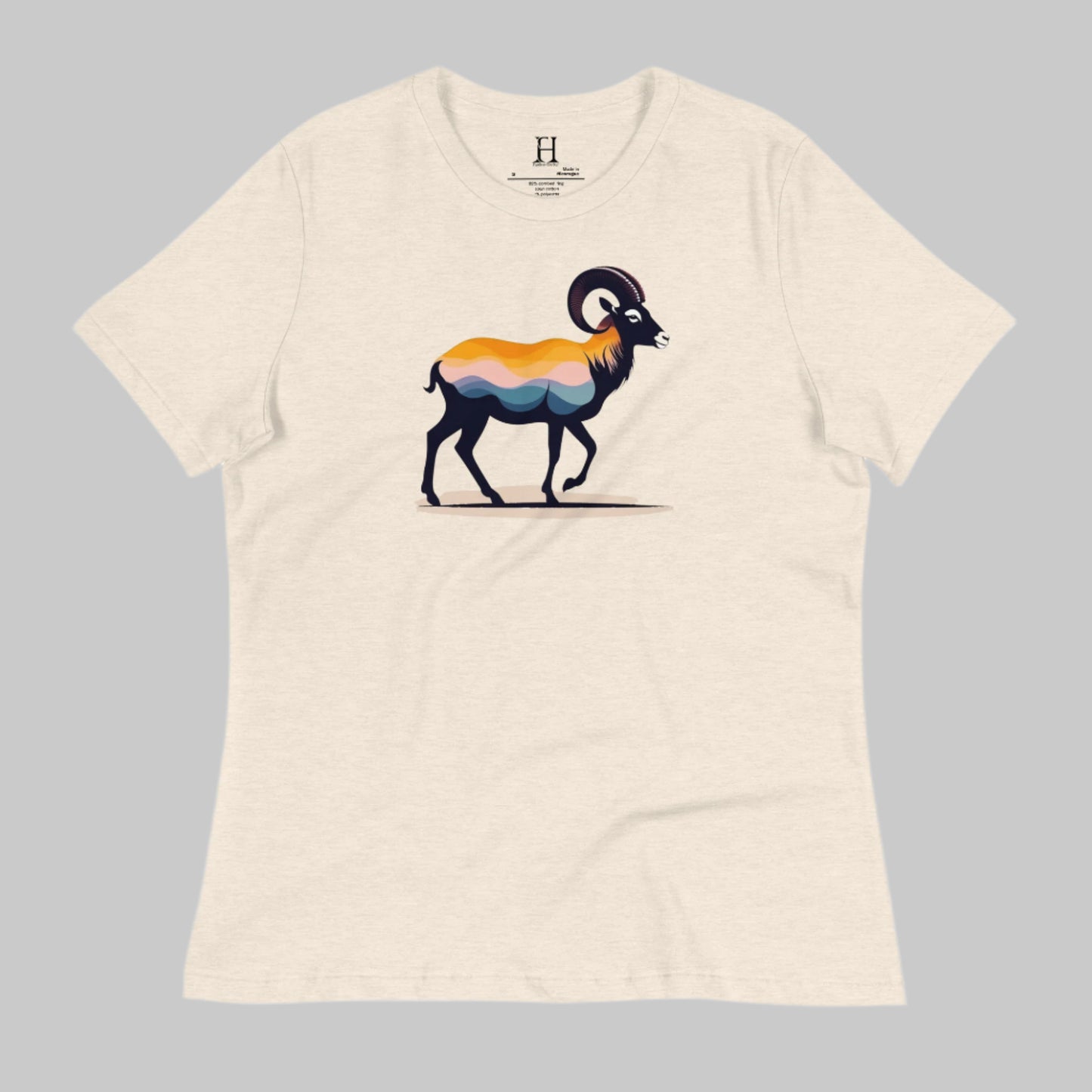 Front of Big Horn T-Shirt in Natural Prism with a Bighorn Sheep Silhouette design.