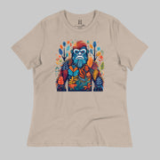 Front of Camo Challenge Tee in Stone with a multicolored Bigfoot design.