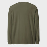 Back of Deer Crest Long Sleeve T-Shirt in Military Green, blank with no graphics or text.