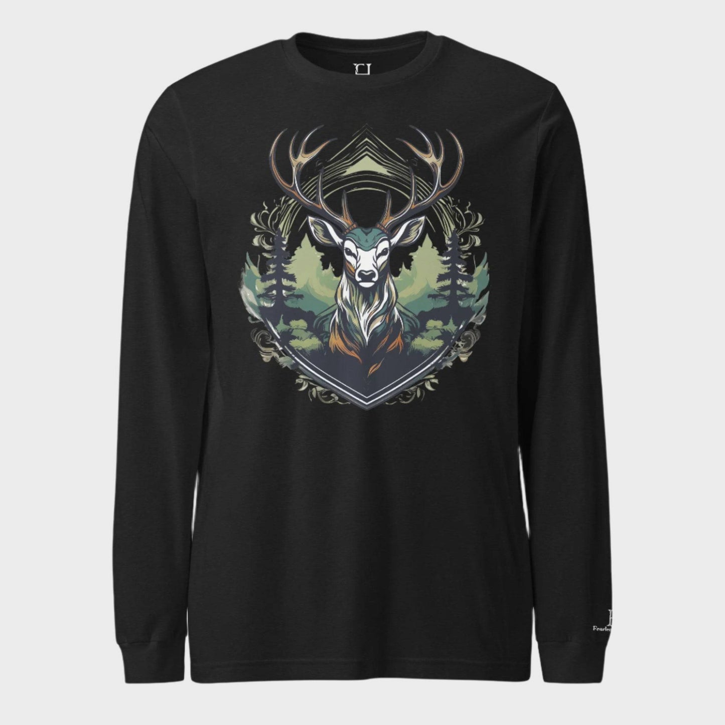 Front of Deer Crest Long Sleeve T-Shirt in Black with buck crest design.