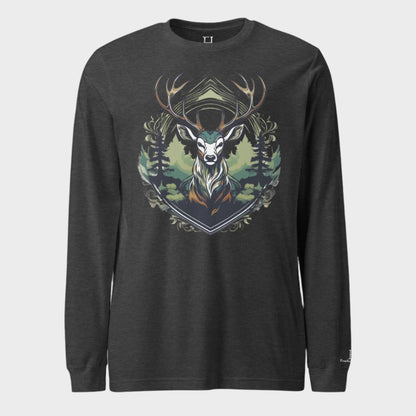 Front of Deer Crest Long Sleeve T-Shirt in Dark Grey with buck crest design.