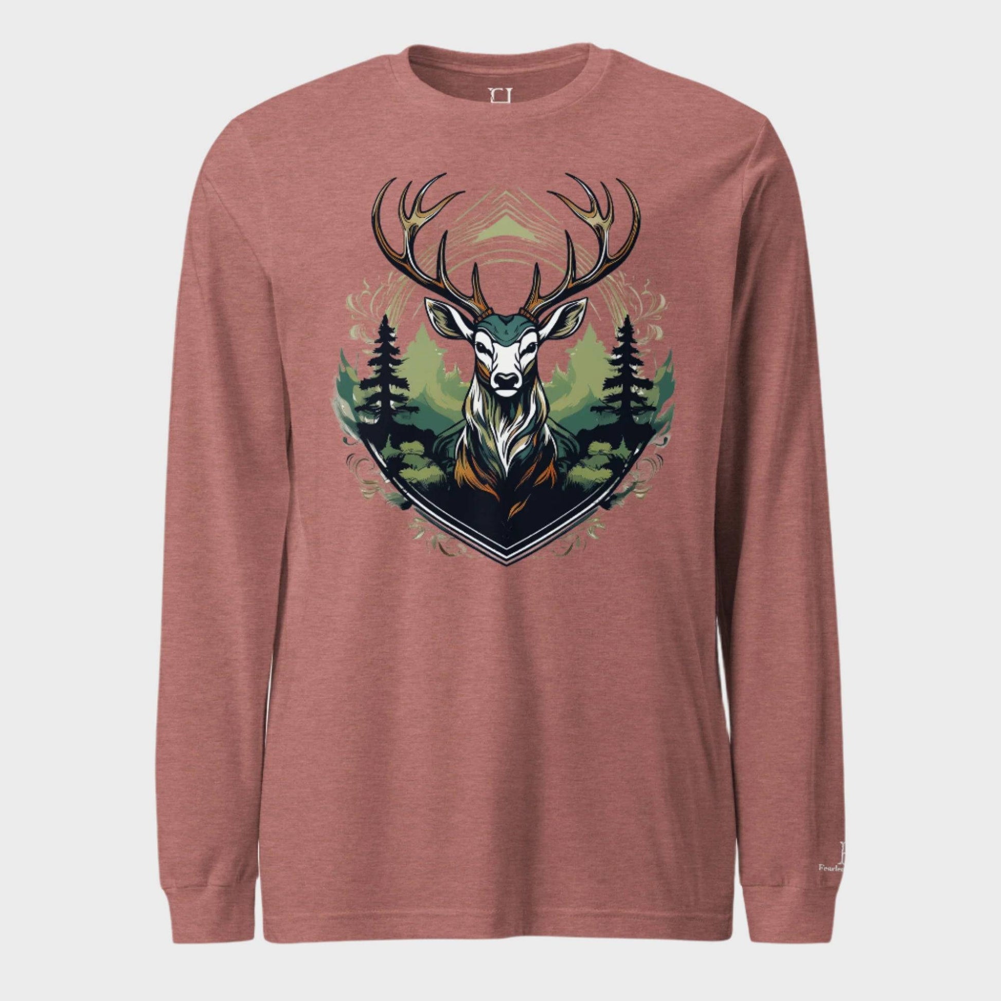 Front of Deer Crest Long Sleeve T-Shirt in Mauve with buck crest design.