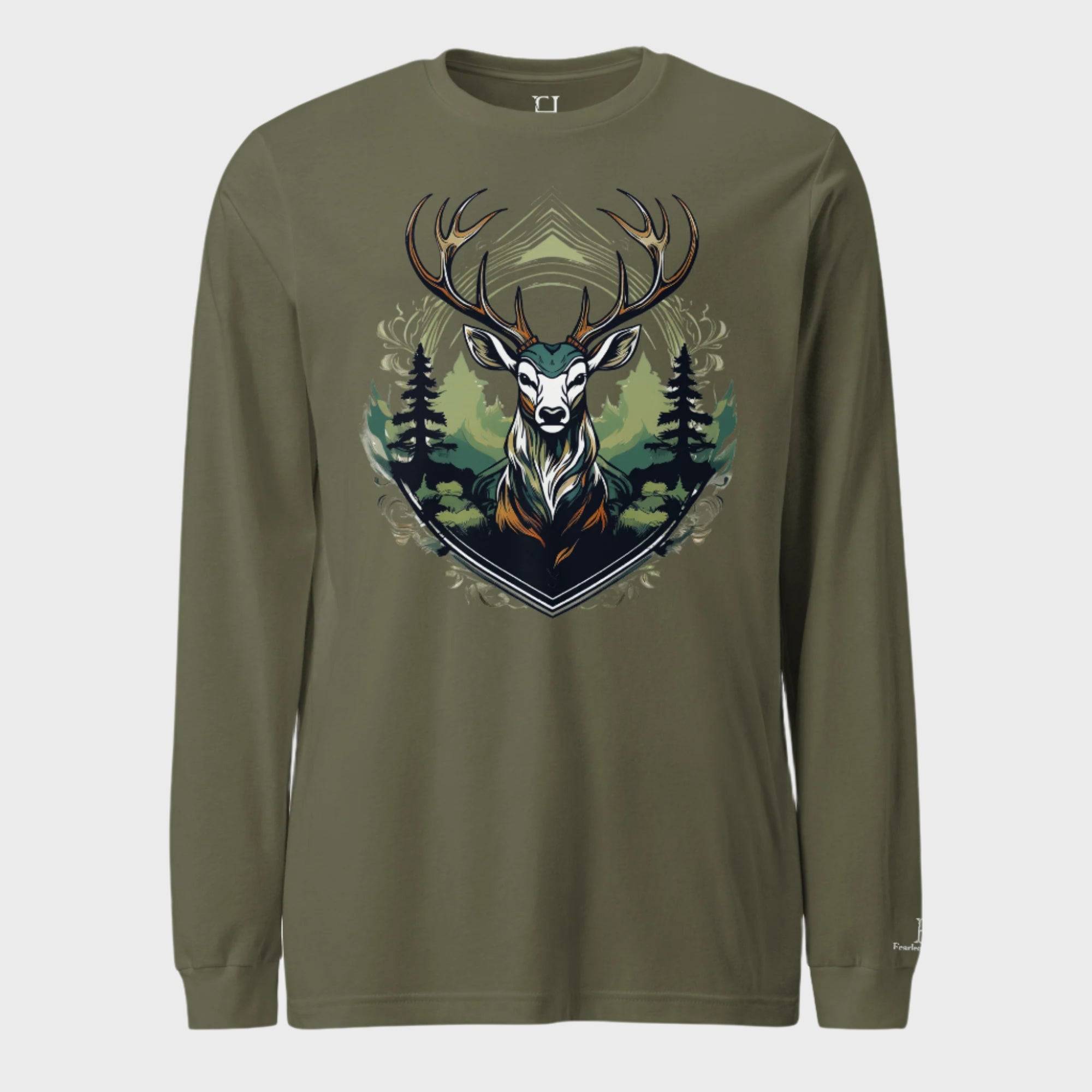 Front of Deer Crest Long Sleeve T-Shirt in Military Green with buck crest design.